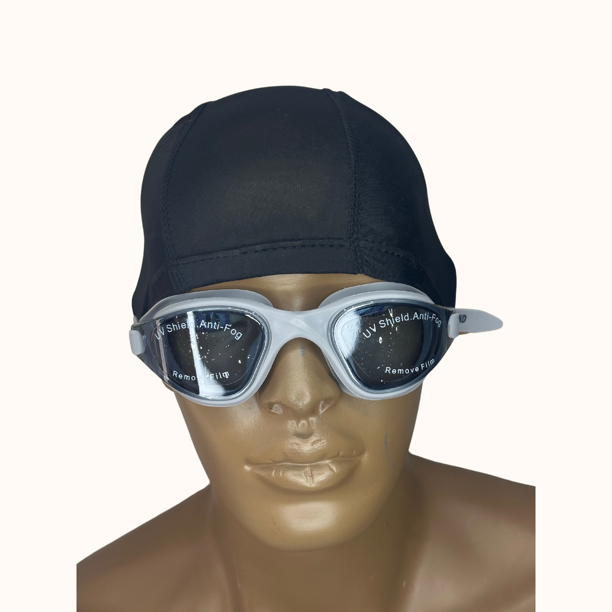Lentes de Natación Gris y Gorro de licra Negro