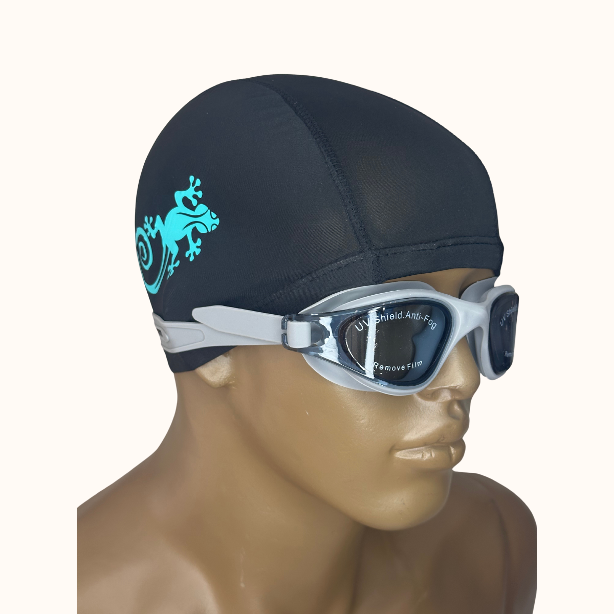Lentes de Natación Gris y Gorro de licra Negro