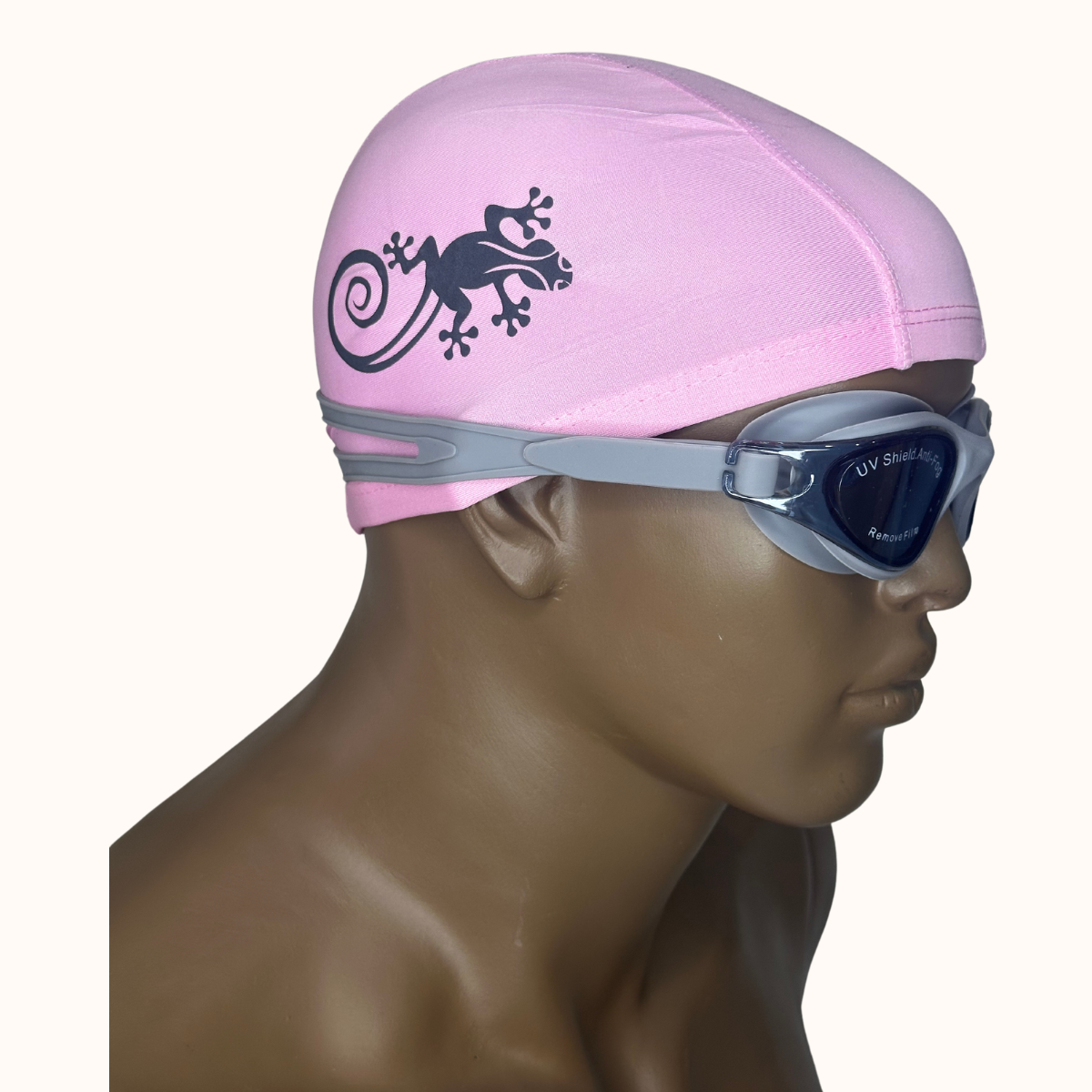 Lentes de Natación Gris y Gorro de licra Rosado