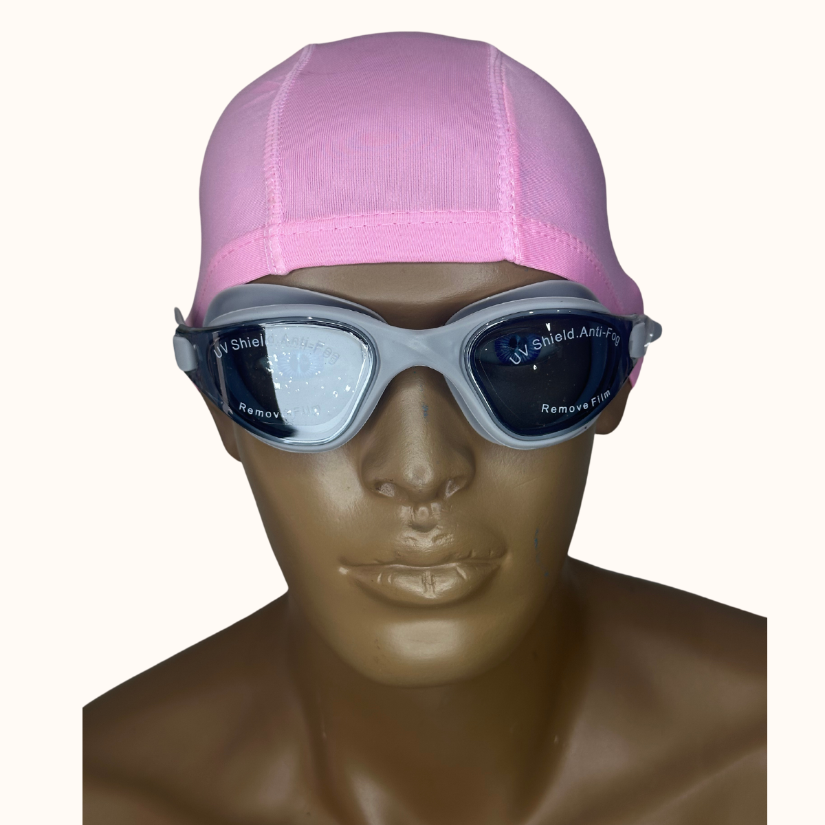 Lentes de Natación Gris y Gorro de licra Rosado