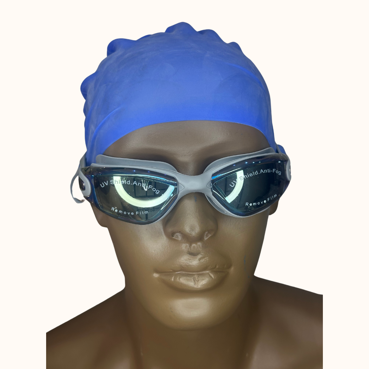 Lentes de Natación HD Gris con Protección UV y Gorro de Silicona Azul