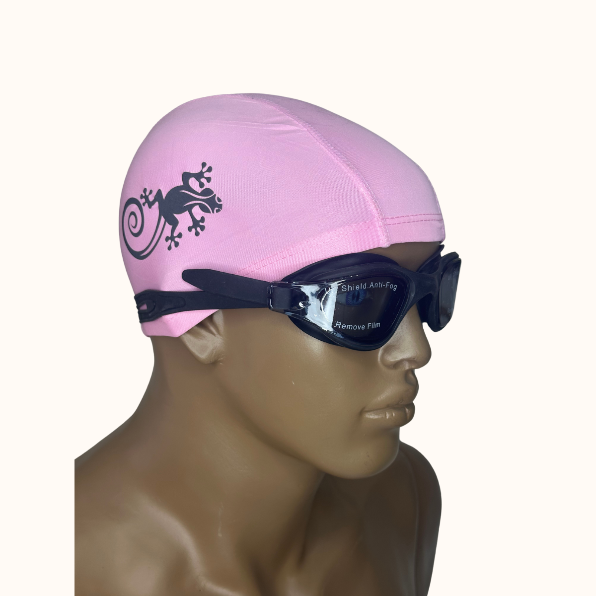 Lentes de Natación Negro y Gorro de licra Rosado