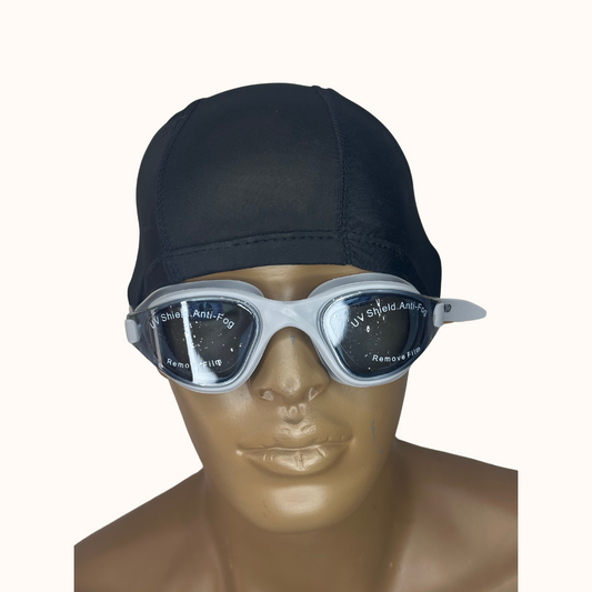 Lentes de Natación Gris y Gorro de licra Negro
