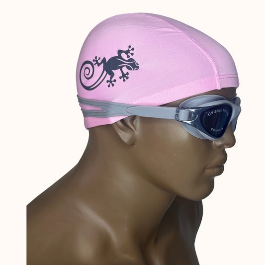 Lentes de Natación Gris y Gorro de licra Rosado