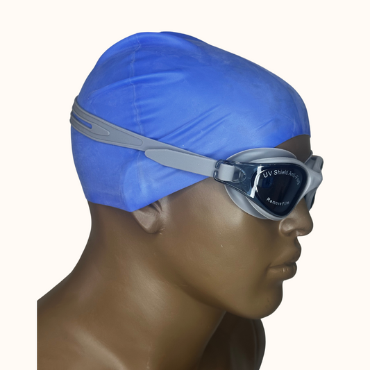 Lentes de Natación Gris y Gorro de Silicona Azul