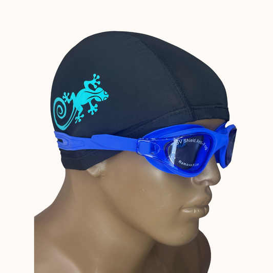 Lentes de Natación Azul y Gorro de licra Negro