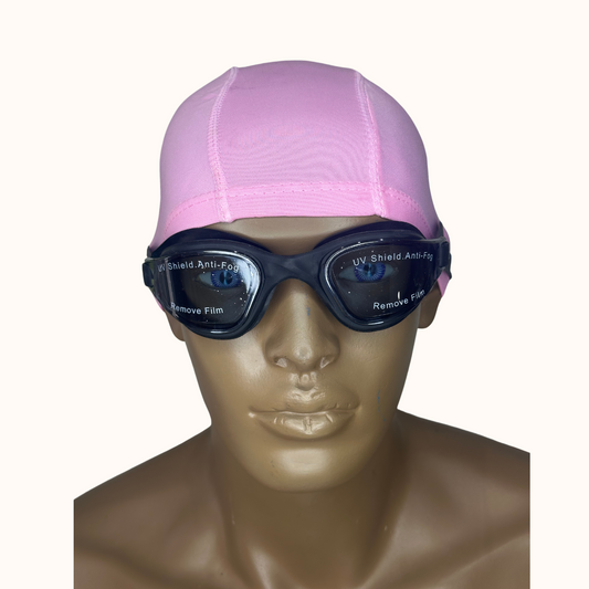 Lentes de Natación Negro y Gorro de licra Rosado