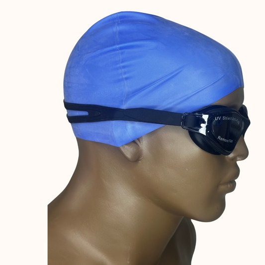 Lentes de Natación NEGRO y Gorro de Silicona Azul