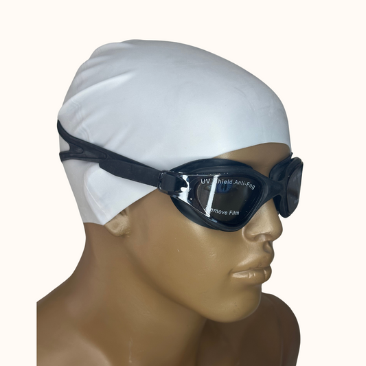 Lentes de Natación Negro y Gorro de Silicona Gris