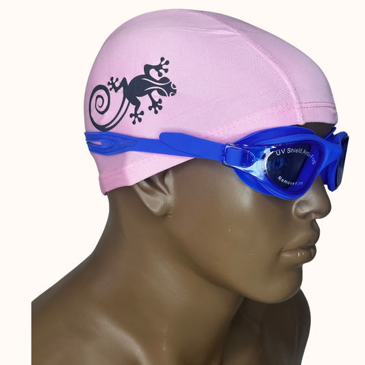 Lentes de Natación Azul y Gorro de licra Rosado