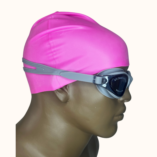 Lentes de Natación Gris y Gorro de Silicona Rosado