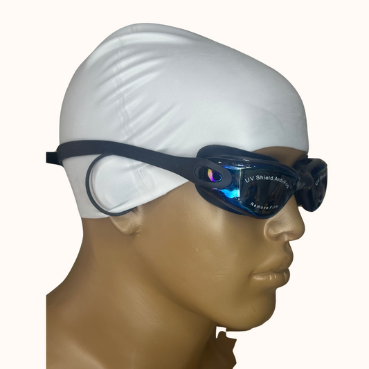 Lentes de Natación HD Negros con Protección UV y Gorro de Silicona Gris