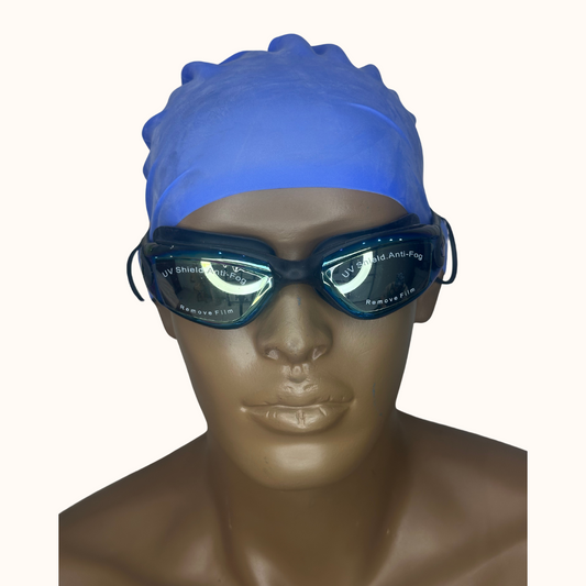 Lentes de Natación HD Negros con Protección UV y Gorro de Silicona Azul