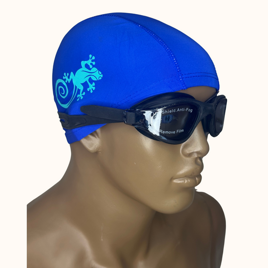 Lentes de Natación Negro y Gorro de licra Azul